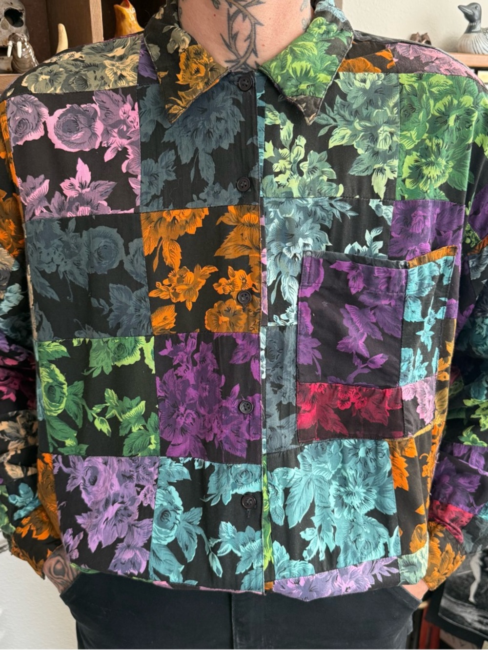 Vintage 80s 90s Patchwork Floral L/S Button Down Shirt ~ Size Medium